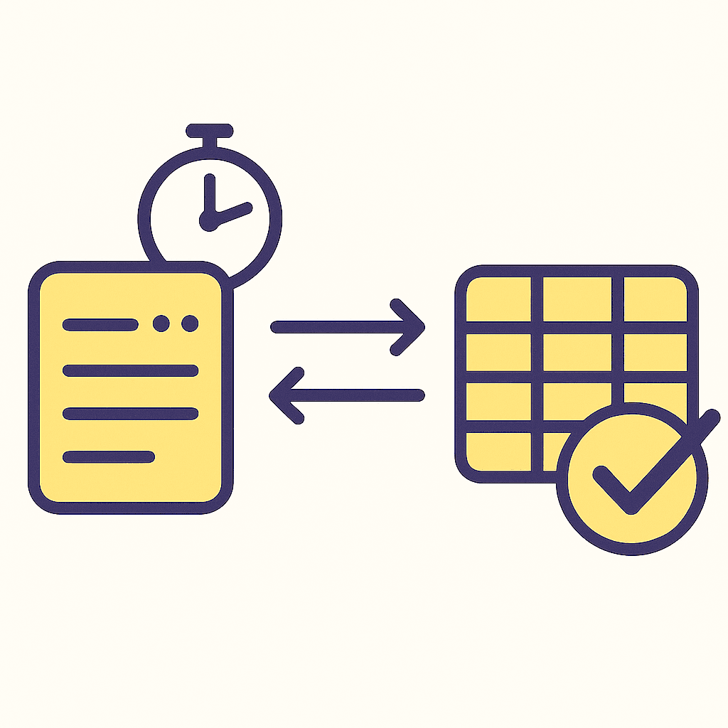 Stopwatch beside documents syncing instantly with a reconciled ledger table.